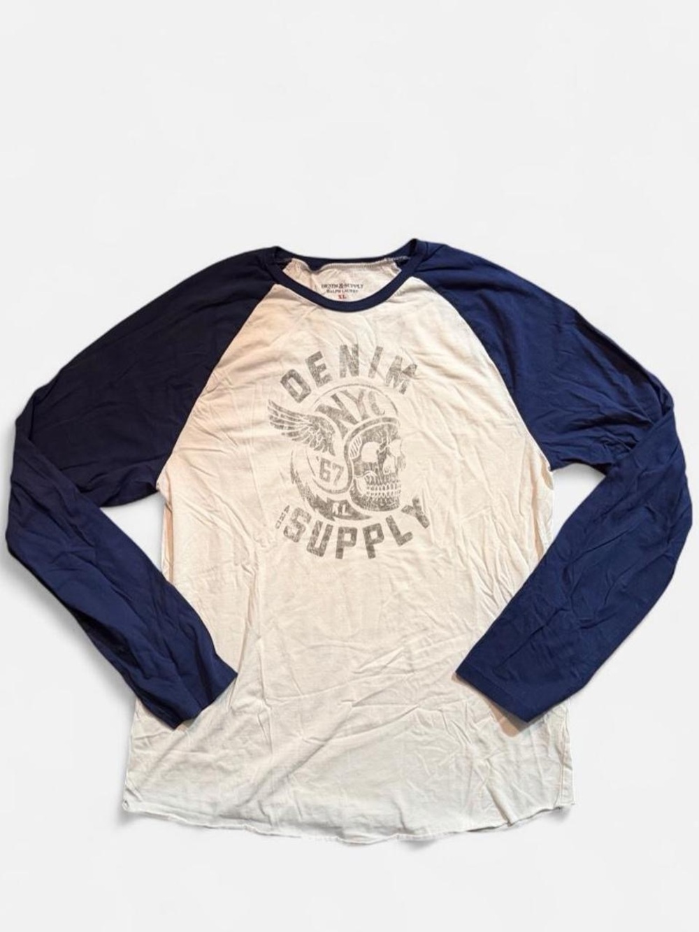 Denim & Supply Ralph Lauren Navy and Cream Raglan Graphic Long Sleeve